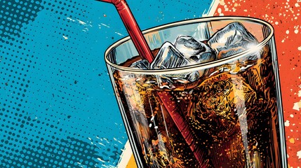 Intricate Retro Beverage Poster Featuring a Refreshing Glass of Cola in a Vivid Comic Pop Art Style