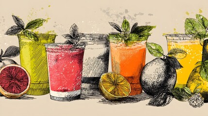 Detailed Illustration of Refreshing Detox Beverages with Hand-Drawn Vector Elements Featuring a Balanced Blend of Smoothies, Lemonade and Fresh Juice in Plastic Cups