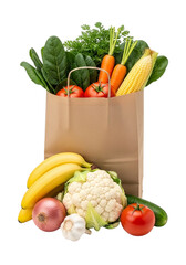 A brown paper grocery bag overflowing with fresh fruits and vegetables