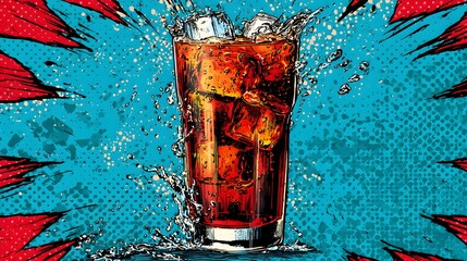 Striking Vintage Pop Art Display of a Refreshing Glass of Cola with Dynamic Ice Splashes in a Comic Style Illustration