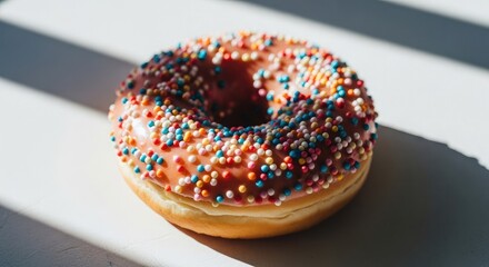 Delicious glazed pink and chocolate donuts with colorful sprinkles, sweet sugary dessert pastry