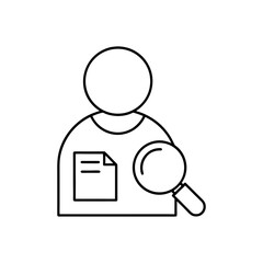 Person holding magnifying glass looking at document on transparent background silhouette