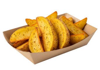 Crispy seasoned potato wedges in a paper tray