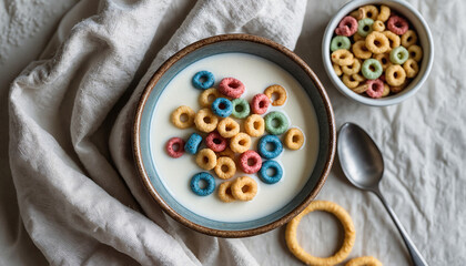 Whole grain cereal rings with milk in a bowl, colorful breakfast, on a textured tablecloth