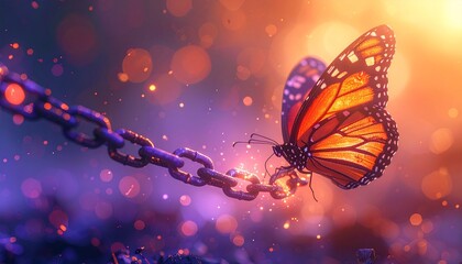 Symbolic butterfly flying from broken chain in orange-purple light. Artistic concept of healing, liberation, and hope for women’s freedom and justice.