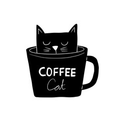 A minimalist black and white vector illustration of a cat inside a coffee cup