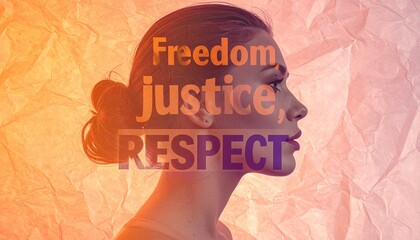 Double exposure silhouette with typography “Freedom, Justice, Respect.” Symbolic campaign poster for women’s rights, equality, and ending violence.