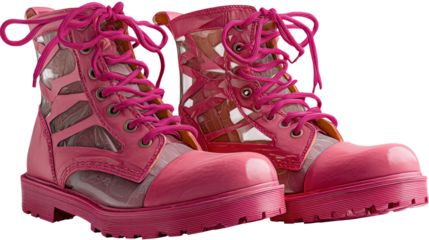 Trendy women combat fashion pink boots with chunky sole and stylish lace-up design isolated on white background for footwear concept
