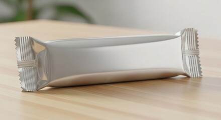 Empty white plastic bag on table next to stack of paper
