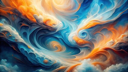 Abstract swirling cosmic nebula, vibrant hues of orange and blue, celestial swirls and ethereal cloudscape, a mesmerizing cosmic dance of color and light