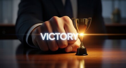 Businessman's fist with word "victory" glowing, next to golden trophy, for achievement, success, winning, career accomplishment in corporate setting, for pinnacle professional goals