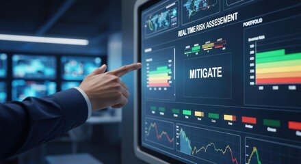 Businessman's hand pointing digital screen with real-time risk assessment dashboard with charts word "mitigate," for strategic planning, data analysis, proactive problem-solving in