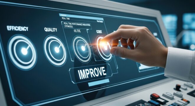 Businessman's hand interacting with futuristic digital dashboard with efficiency, quality, cost metrics with "improve" option highlighted, for data analysis, performance optimization,