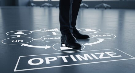 Businessman standing center circular flowchart with 'optimize' main objective, for strategic planning, business process optimization, hr, finance, sales integration for enhanced corporate
