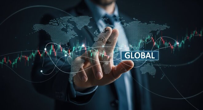 Businessman's hand touching digital world map with stock market charts word global, for international business, economic growth, financial investment, global connectivity in digital age
