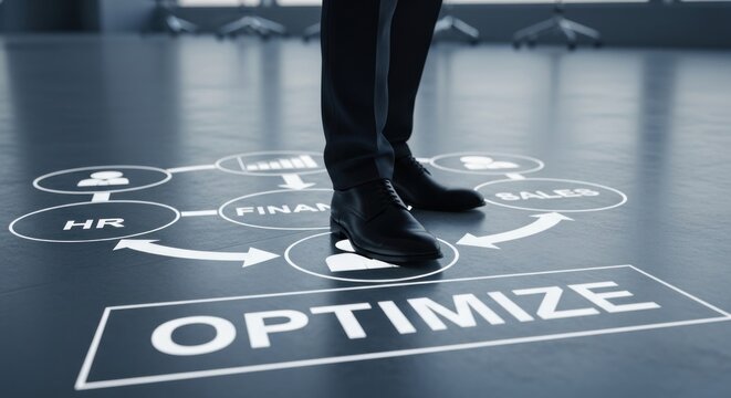 Businessman standing center circular flowchart with 'optimize' main objective, for strategic planning, business process optimization, hr, finance, sales integration for enhanced corporate