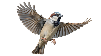 A house sparrow in flight with wings spread wide against a stark black background