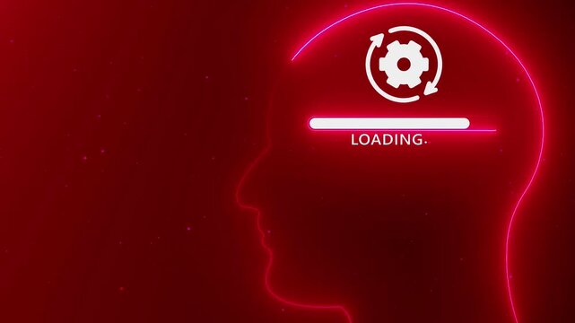 Neon human head silhouette with loading bar and gear with arrows icon on red background abstract brain