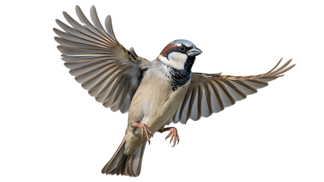 A house sparrow in flight with wings spread wide against a stark black background