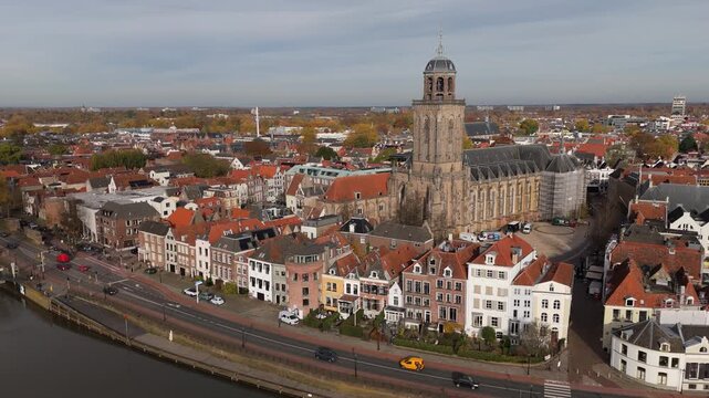 Drone Shot of the IJssel River with Deventer in the Distance