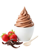 Chocolate soft serve ice cream in a white bowl with fresh strawberries and a wooden spoon