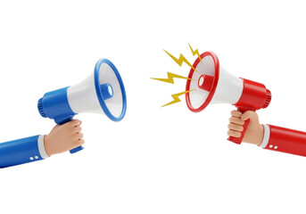 Two hands holding megaphones, one blue and one red, facing each other with sound waves emanating from the red one