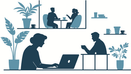 Silhouettes of people in a workspace with plants and shelves in a modern office environment design