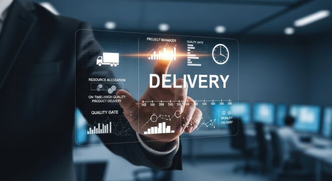 Businessman touching futuristic digital interface with word "delivery", with icons for trucks, charts, clocks, for logistics management, efficient supply chain operations, quality control