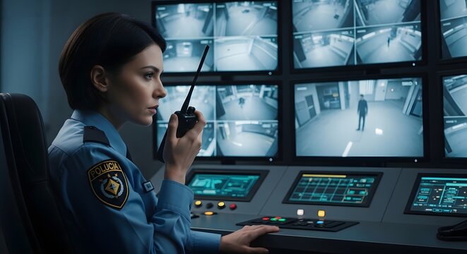 Security officer monitoring surveillance footage with advanced technology for public safety and crime prevention