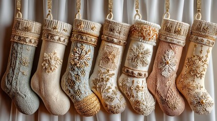 Collection of Seven Knit Stockings with Embroidery and Beadwork Hanging Against a White Curtain