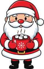 Santa Claus cartoon vector, Christmas character, hot chocolate mug, winter holiday icon, cozy festive scene, red outfit, marshmallows, steam