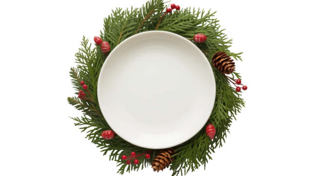 Festive oval frame decorated with realistic green fir branches pine cones and red berries isolated on transparent background