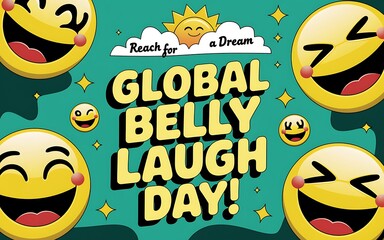 Global belly laugh day celebration with happy emojis and sun illustration
