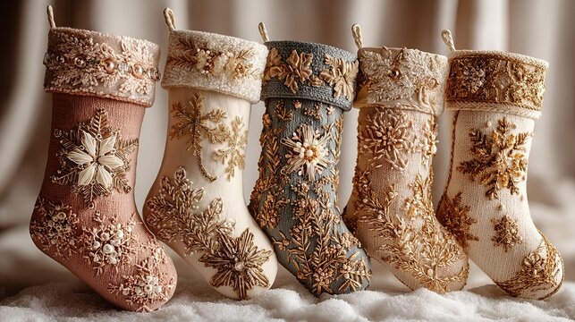 Five exquisite Christmas stockings in pink, beige, gray-blue, light brown, and white with intricate snowflake lace and golden embroidery patterns, neatly arranged on a snowy white surface - Powered by Adobe
