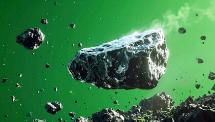 Floating dark asteroids against an emerald green sky, one emitting mist, evokes space imagery