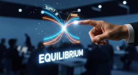 Businessman touching supply demand curves intersecting equilibrium point, for economic balance, market stability, strategic decision-making in business environment with blurred colleagues