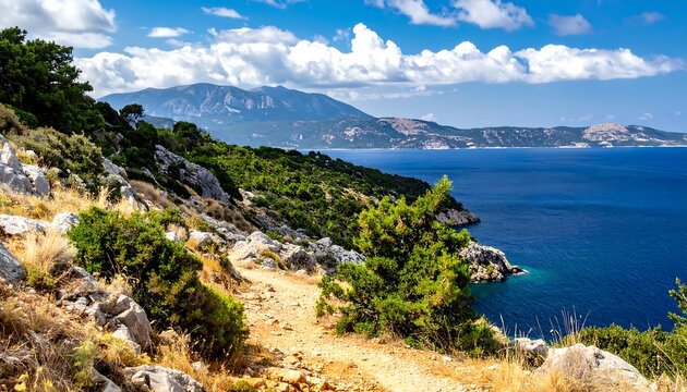 Scenic coastal hiking trail with lush green vegetation and sparkling blue ocean under a bright sky.