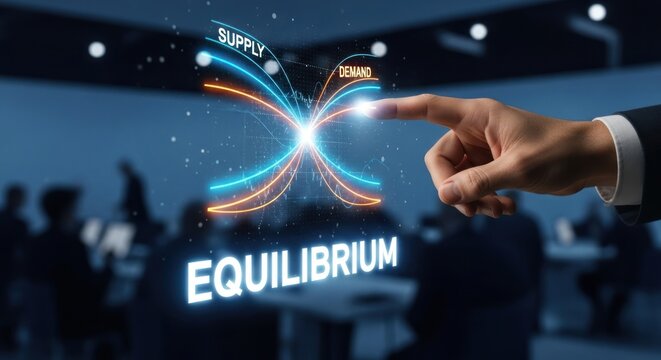 Businessman touching supply demand curves intersecting equilibrium point, for economic balance, market stability, strategic decision-making in business environment with blurred colleagues