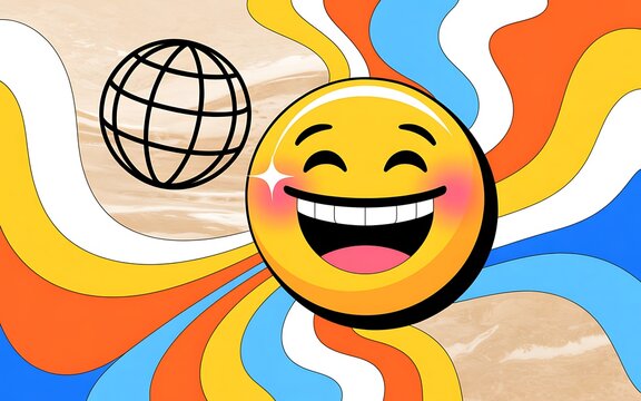 Happy smiling emoji with globe on colorful wavy background - Powered by Adobe
