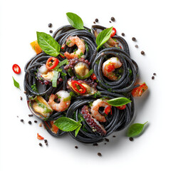 Black squid ink pasta with seafood and fresh basil leaves