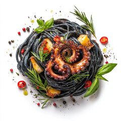 Black seafood pasta with octopus and herbs on white plate