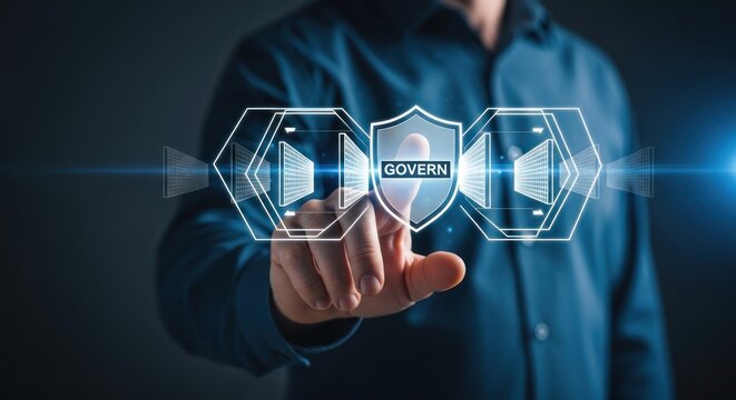 Businessman touching virtual shield with word 'govern' inscribed, for corporate governance, compliance, data security, regulatory framework implementation in digital business operations