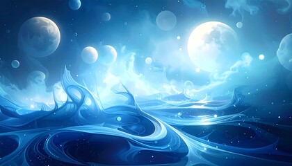 Dreamy blue landscape with swirling patterns and multiple moons illuminating the ethereal scene