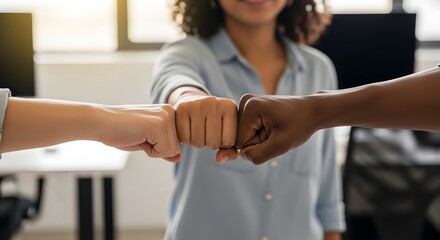 Unity and friendship with diverse people fist bumping in office environment for team building and collaboration