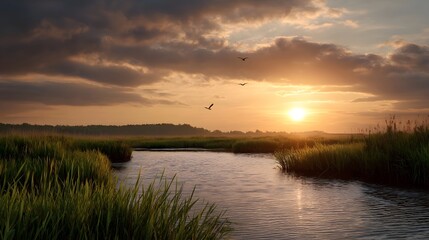 Serene marsh landscape at sunset with birds in flight reflecting golden light on the water