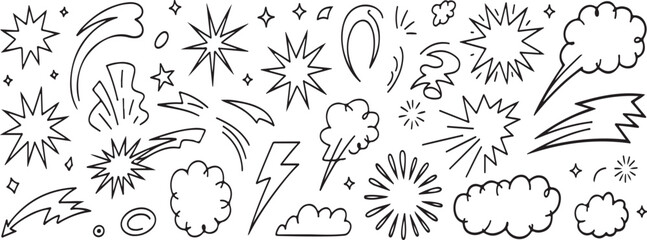 Hand Drawn Explosion Shapes Stars and Clouds on White Background starburst sparkle