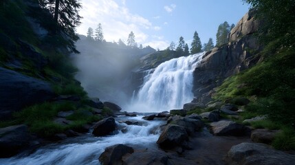 Majestic waterfall cascades powerfully down rugged mist shrouded cliffs into a clear river surrounded by lush green nature under a bright blue sky