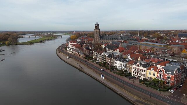 Ascending Drone Shot Over the IJssel River Towards Deventer