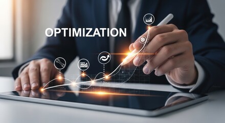 Businessman using stylus on tablet to analyze upward trending graph with optimization icons, for business growth, strategy, efficiency, digital data analysis in modern corporate environments