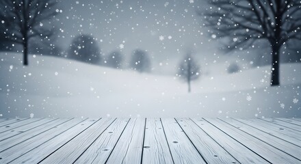 Winter wonderland with snowfall over wooden deck for seasonal background and holiday design